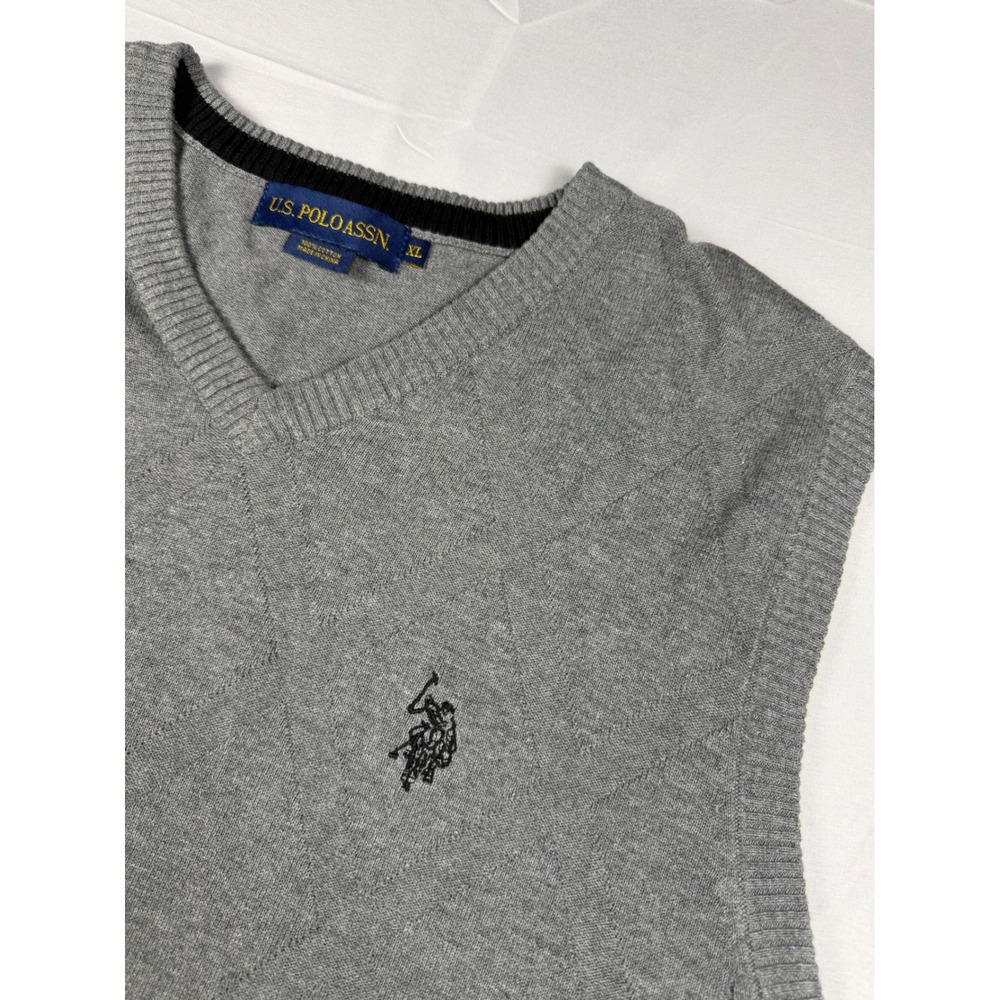 US Polo Assn Mens XL Gray Argyle V-Neck Cotton Sweater Vest Embroidered Logo